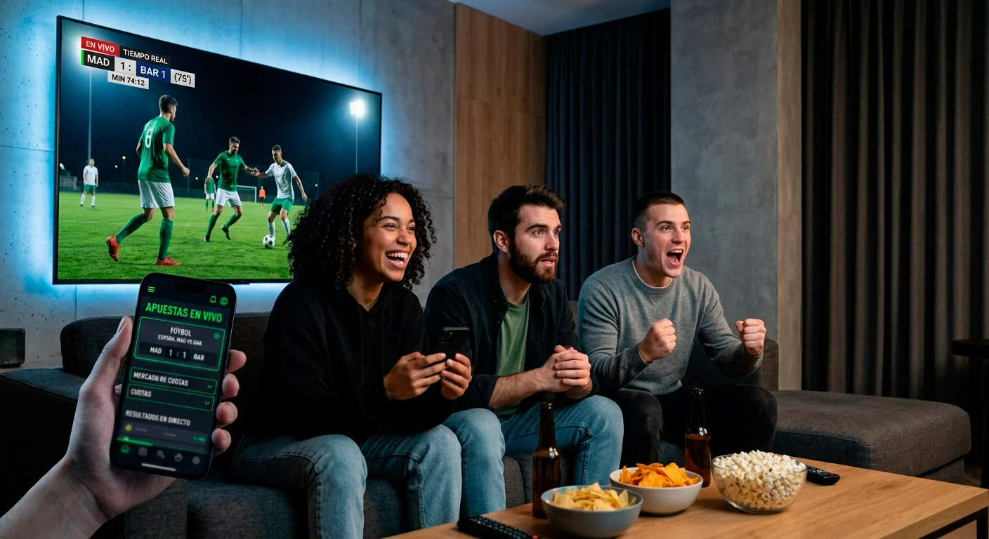 Aficionados viendo un partido de Premier League en directo mientras consultan sus dispositivos moviles