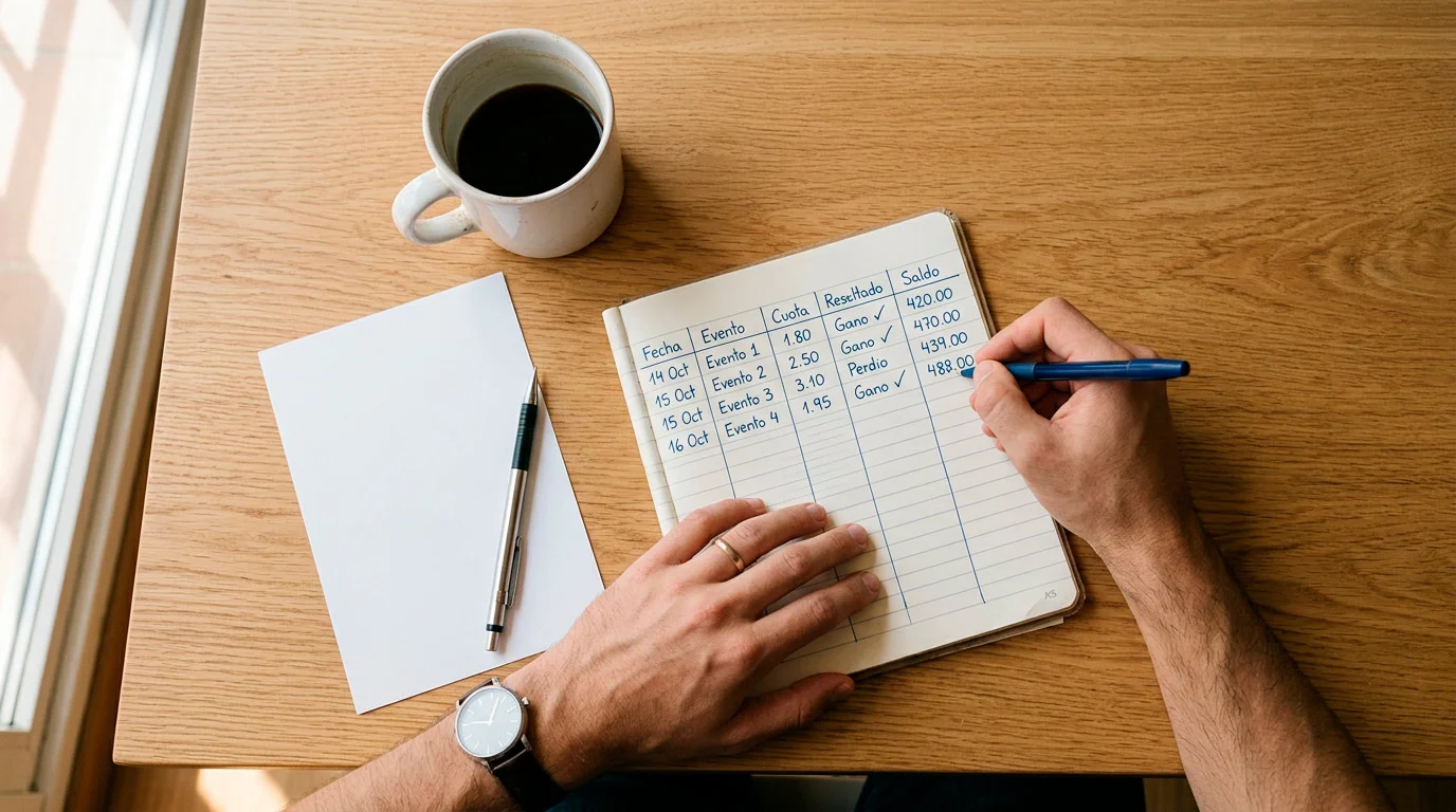 Persona analizando un cuaderno con registros y graficos de seguimiento de apuestas deportivas